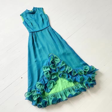 1970s Two-Toned Blue + Green Chiffon Maxi Gown with Curly Hem 