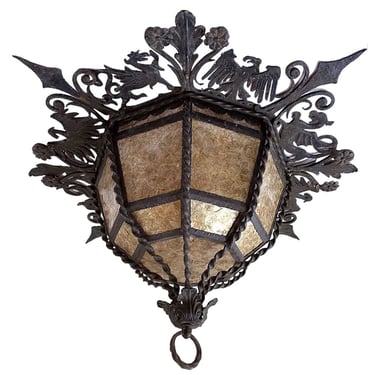 1925 Spanish Colonial Style Black Wrought Iron and Light Brown Mica Ceiling Flush Mount Light Fixture 