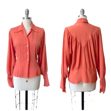 40s Deep Coral Rayon Blouse / 1940s Vintage Long Sleeve Button Up Shirt / Large / Size 14 