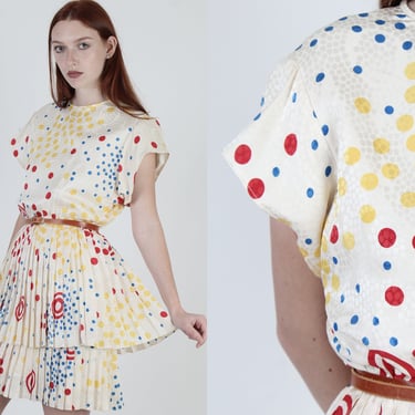 Off White Silk Polka Dot Dress / 1980s Colorful Rainbow Spots Dress / 80s Wear To Work Dress / Vintage Tiered Cocktail Party Mini Dress 