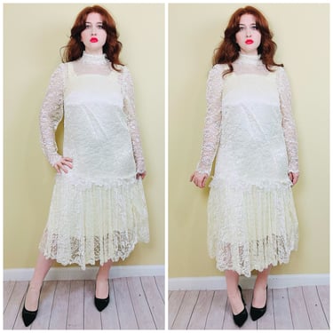 1980s Vintage Cream Lace Drop Waist Flapper Inspired Dress / 80s Victorian High Neck Sheer Floral Applique Wedding Gown / Large - XL 
