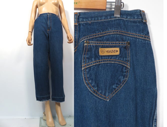Vintage 80s High Waist Contrast Stitch Raw Hem Jeans Size 33X27 