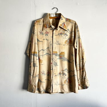 Vintage 70s Novelty Print Oriental Japanese Asian Print Disco Shirt Poly Size L 