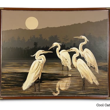 Large Oil on Canvas by Letterman (Cranes), Circa 1960s - *Please ask for a shipping quote before you buy. 
