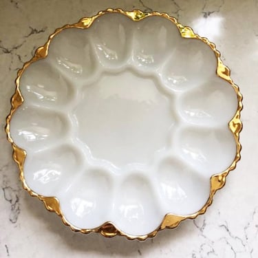 Vintage 1950s Milk Glass w Gold Scallop Edging Egg Server Dish, 9 3/4" Diameter, Wear on Gold~Fire King/Anchor Hocking, Farmhouse Chic by LeChalet