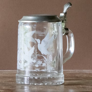 Ducks and Goose Beer Stein, Vintage Glass and Pewter Drink Tankard 
