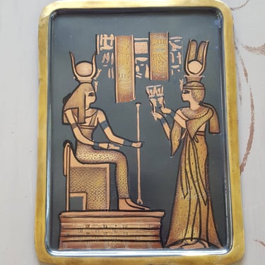 Vintage Egyptian Revival Plaque~Seated Goddess~Egyptian Mixed Metals Tray~Handcrafted Embossed Wall Plaque~JewelsandMetals. 