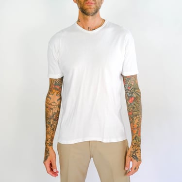 Vintage 90s Calvin Klein Baby Rib Micro V-Neck Blank White Tee Shirt | Made in USA | 100% Cotton | 1990s CK Designer Undershirt T-Shirt 