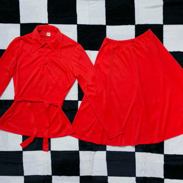 STUNNING Vintage 70s Warm Red Two-Piece Boho Skirt Set 