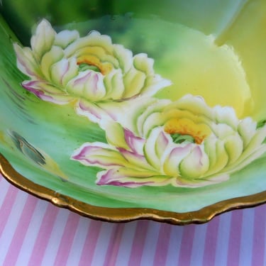 Rare Nogoya 1915- 1925 Antique porcelain Hand Painted Cabinet Bowl~ Old Large Lotus Serving Bowl Decor~ Japan I.E.C & Co~  Green Wreath Mark 