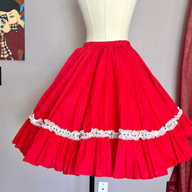 Vintage Circle Skirt, Square Dance, Lace Trim, Red and White, Rockabilly Swing, Size XS-S 