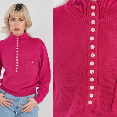 Fuchsia Pink Sweater 80s 90s Knit Pullover Mock Neck Sweater Retro Button Up Jumper Chest Pocket Knitwear Vintage 1980s Acrylic Medium Large 
