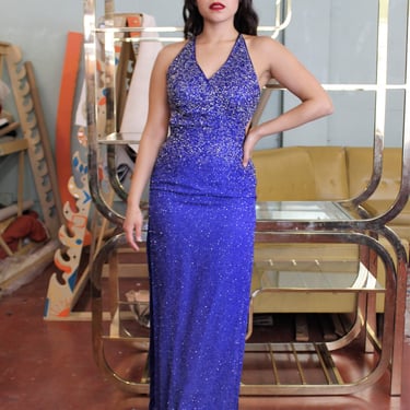 Homecoming Dress, Vintage 1990s Sean Collection Beaded Evening Gown, XS Small Women, Blue Silver Beads 