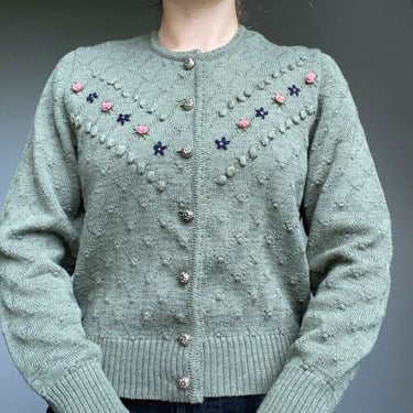 Vintage 80's Pfister Green Wool Austrian Floral Popcorn Cardigan Sweater Sz M 