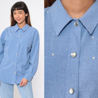 Blue Rhinestone Blouse 90s Button Up Top Embellished Long Sleeve Studded Chambray Shirt Collared Shirt Shirt Vintage 1990s Large 
