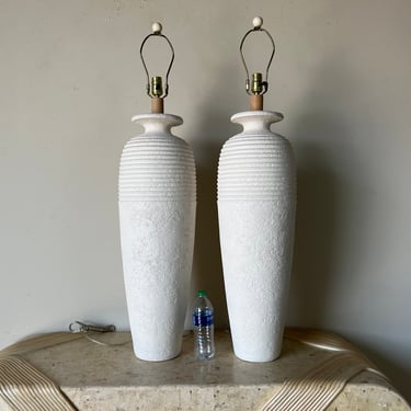 80's Tall - Postmodern Sculptural Ribbed Urn Plaster Table Lamps - a Pair 