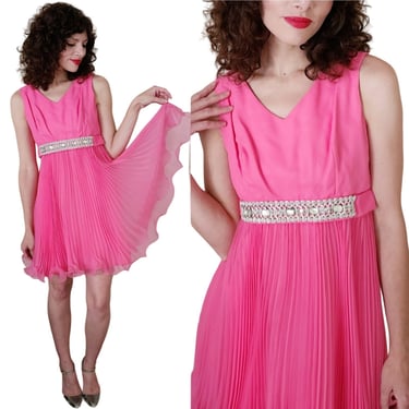 Vintage 60s Hot Pink Party Dress Pleated Skirt 