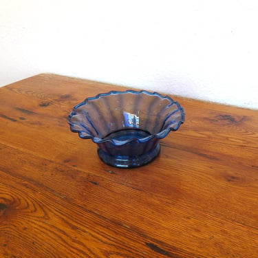 Vintage Avalos Hand Blown Glass Bowl Cobalt Blue Bubble Glass Ruffled Edge 