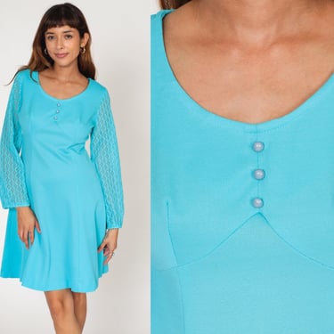 Turquoise Babydoll Dress 60s 70s LACE SLEEVE Mod Mini Blue Boho Empire Waist Dress 1970s Bohemian Hippie Vintage Minidress Crochet Medium 8 