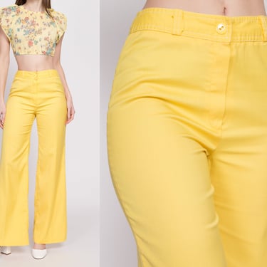 70s Yellow Flared Pants - Small, 26.5" | Vintage High Waisted Retro Disco Trousers 