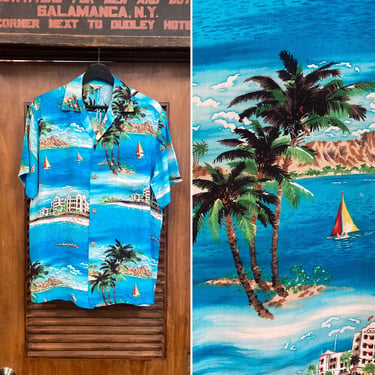 Vintage 1950’s Tropical Hotel Print Crepe Hawaiian Shirt, 50’s Loop Collar Shirt, Vintage Clothing 