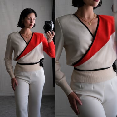 Vintage 80s ST. JOHN Cream & Blood Orange Colorblock Wrap Santana Knit Cropped Power Top w/ Black Tie | Made in USA | 1980s Designer Top 