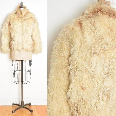 vintage 70s fur coat Mongolian lamb curly shaggy hippie boho jacket M L cream clothing 