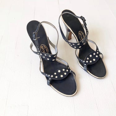 1950s Navy Dotted Strappy Sandals 