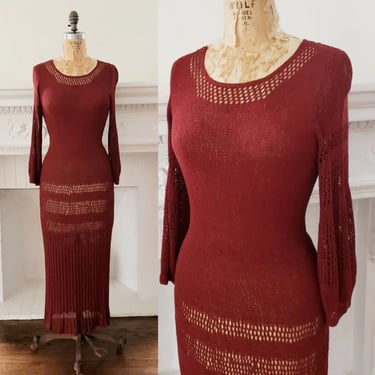 1930s Knit Dress Burgundy Red Open Weave / 30s Cocktail Dress Puffed Shoulders Ankle Length / M / Denissa 