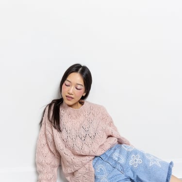 PINK MOHIAR SWEATER Vintage Loose Knit Sheer Fuzzy Pullover Jumper Long Sleeve 90's Oversize / Large 