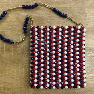 patriotic bead purse vintage 1960s red white and blue mod boho handbag 