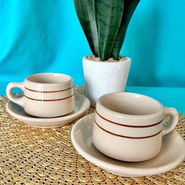 Vintage Coffee Cups, Restaurant Style, Matching Saucers, Set 2, Minimalist Stripes, Mid Century Modern 