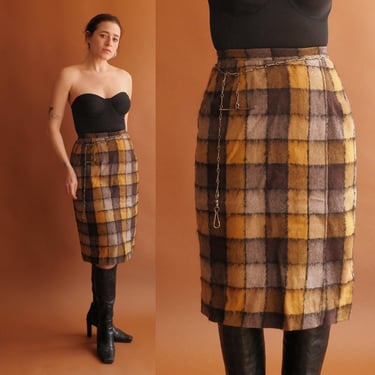 Vintage 50s Wool Windowpane Pencil Skirt/ 1950s Black Grey Yellow Plaid Skirt/ Size 25 Small 