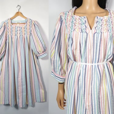 Vintage 80s Plus Size Pastel Rainbow Seersucker Balloon Sleeve Tent Dress Nightgown Size XL 
