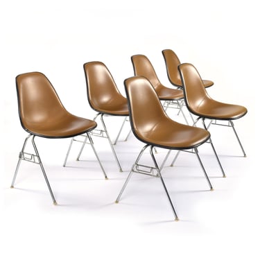 6 Charles Eames Herman Miller Stacking DSS Shell Chairs with Brown Naugahyde Pads 