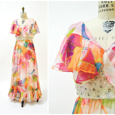 70s Vintage Floral Print Dress Beaded Rhinestone Ruffle Dress Chiffon Caplet Small Medium Jack Bryan// Vintage 70s Floral print Maxi Dress 