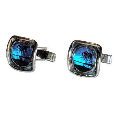 Mid Century Blue Iridescent Tropical Palm Tree Island Silver Tone Cufflinks M30 