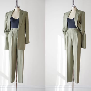 sage green suit | 80s 90s vintage Liz Claiborne light green linen style dark academia high waisted pants and blazer 2 piece suit set 