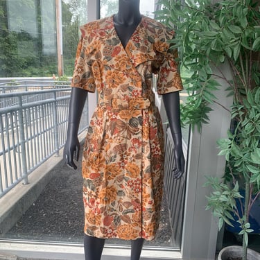 Vintage Linen Blend Floral Print Short Sleeve belted Midi Dress - Orange - Sz 12 