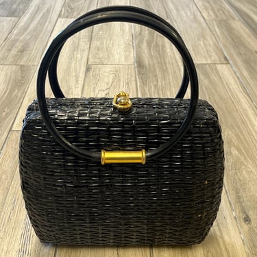 1960s black basket purse woven wicker straw big handle handbag 