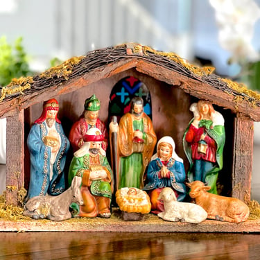 VINTAGE: 10pc - Nativity Set with a lighted Crech - Hand Painted Porcelain Nativity - Christmas - Religious Decor - SKU 24 25-A-00035260 