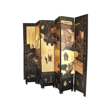 Early 20th Century Gold Gilt 6 Panel Lacquered Hand Carved Relief Double Sided 7ft Room Divider - 40s Room Divider - Gold Gilt Room Divider 