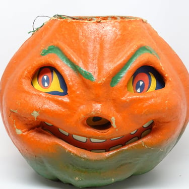 Large 7 Inch Vintage 1940's Halloween Smiling Jack-O-Lantern, made with Pulp Paper Mache, Antique, Retro jol, Orange with Green Accents 