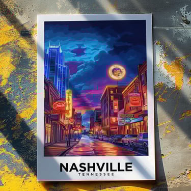 Vintage Style Nashville Broadway Street Skyline Travel Poster - Music City Wall Art Print 