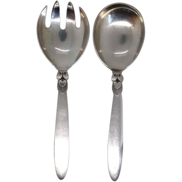 1950 Vintage Danish Georg Jensen Sterling Silver Cactus Salad Serving Fork and Spoon (2 pieces) 
