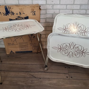 Set of 4 White and Brown Metal TV Trays with Storage Rack with Original Box 