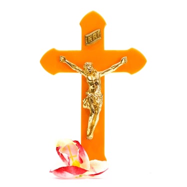 VINTAGE: Butterscotch Bakelite Crucifix - Cross - Catholic - Wall Hanging - Jesus On The Cross - SKU 15-C1-00016671 