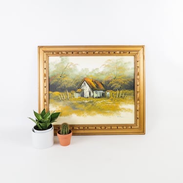 Landscape Oil Painting, Cozy Cottage Wooden Frame 