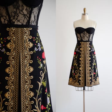 black silk skirt y2k vintage Rococo pattern floral tapestry skirt 