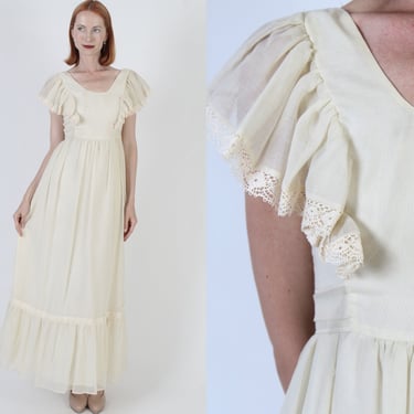 Ivory Prairie Wedding Dress Vintage 70s Sheer Floral Lace Bridal Gown Victorian Off White Bridesmaids Lawn Dress 